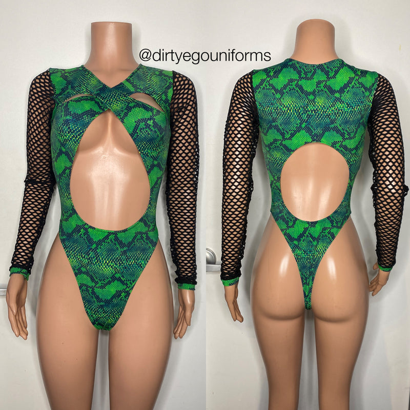 Cross top snakeskin bodysuit with net arms