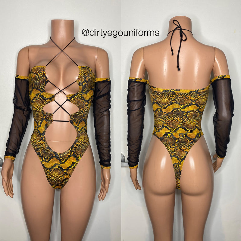 Bandeau snakeskin bodysuit w/mesh sleeves