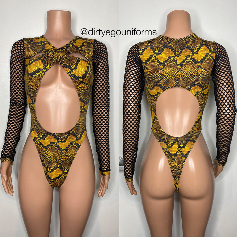 Cross top snakeskin bodysuit with net arms