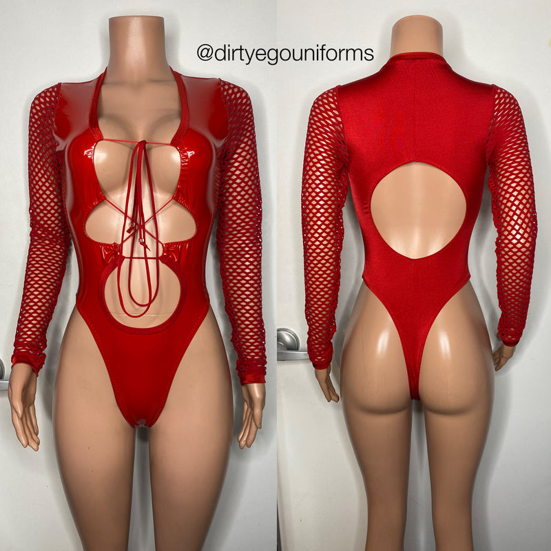 Double lace latex bodysuit w/net sleeves