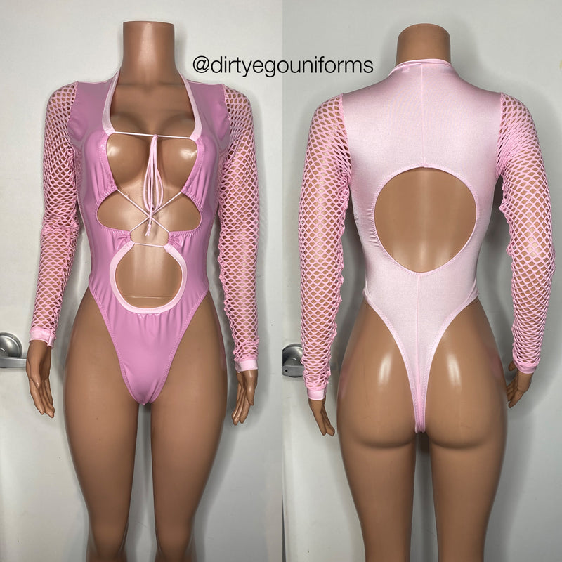 Double lace latex bodysuit w/net sleeves