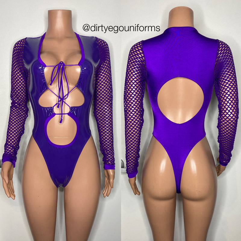 Double lace latex bodysuit w/net sleeves