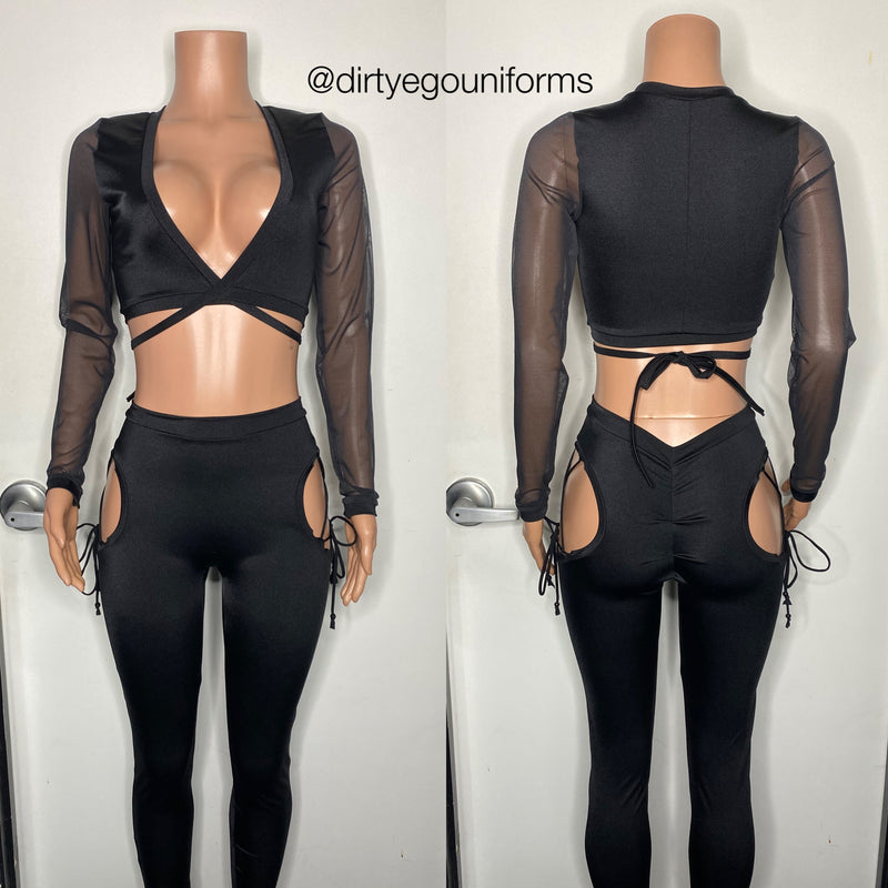 Wrap top w/mesh sleeves and open hip pants