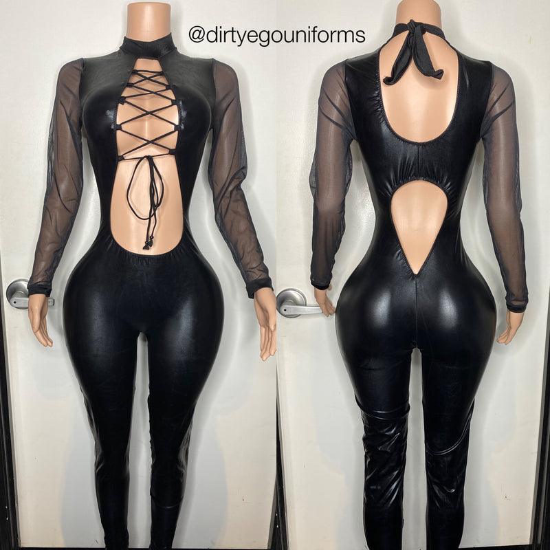 Front lace metallic jumpsuit w/ open back and scrunch butt