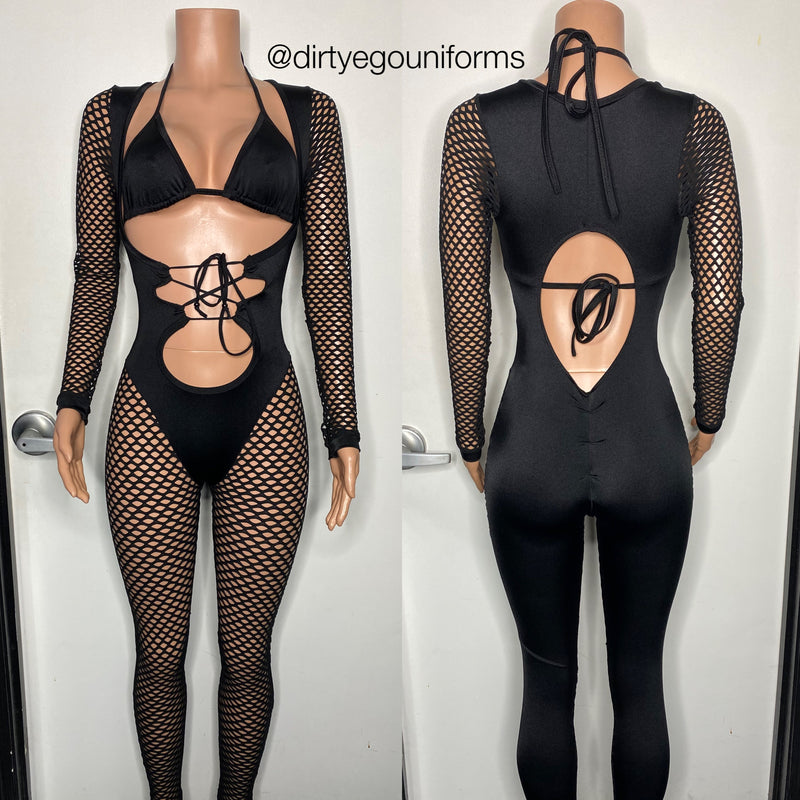 Net sleeve and leg jumpsuit with bikini top