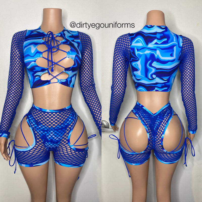 Wavy 3pc set w/bikini bottoms and net shorts