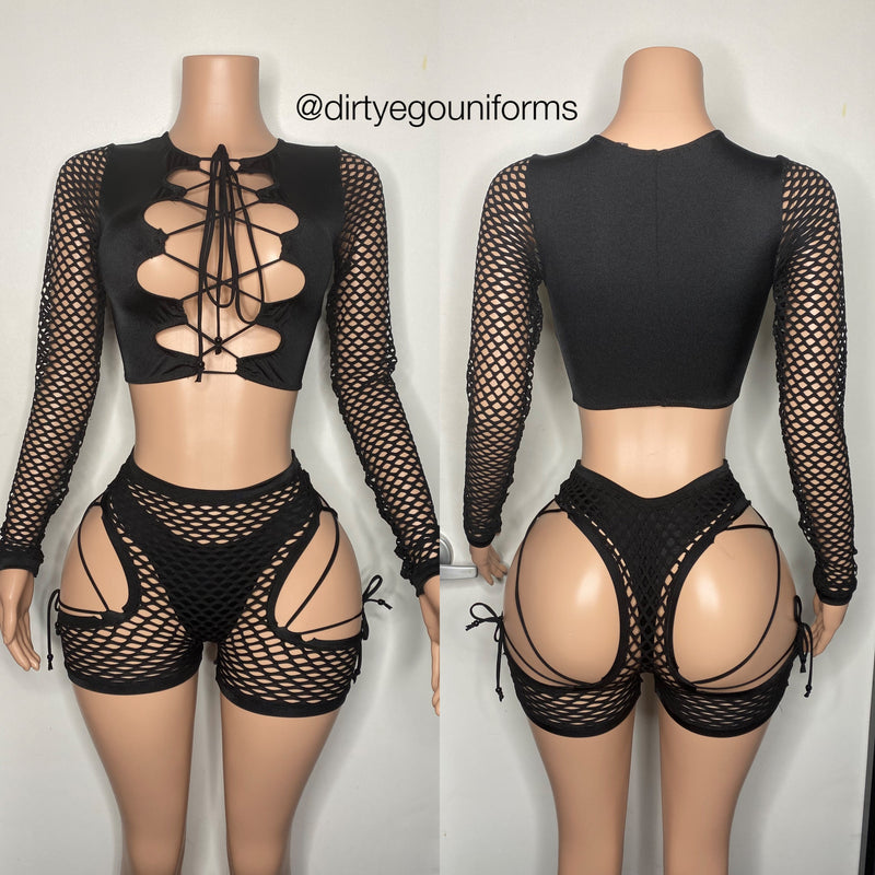3pc set tie front top, net shorts and bikini bottoms