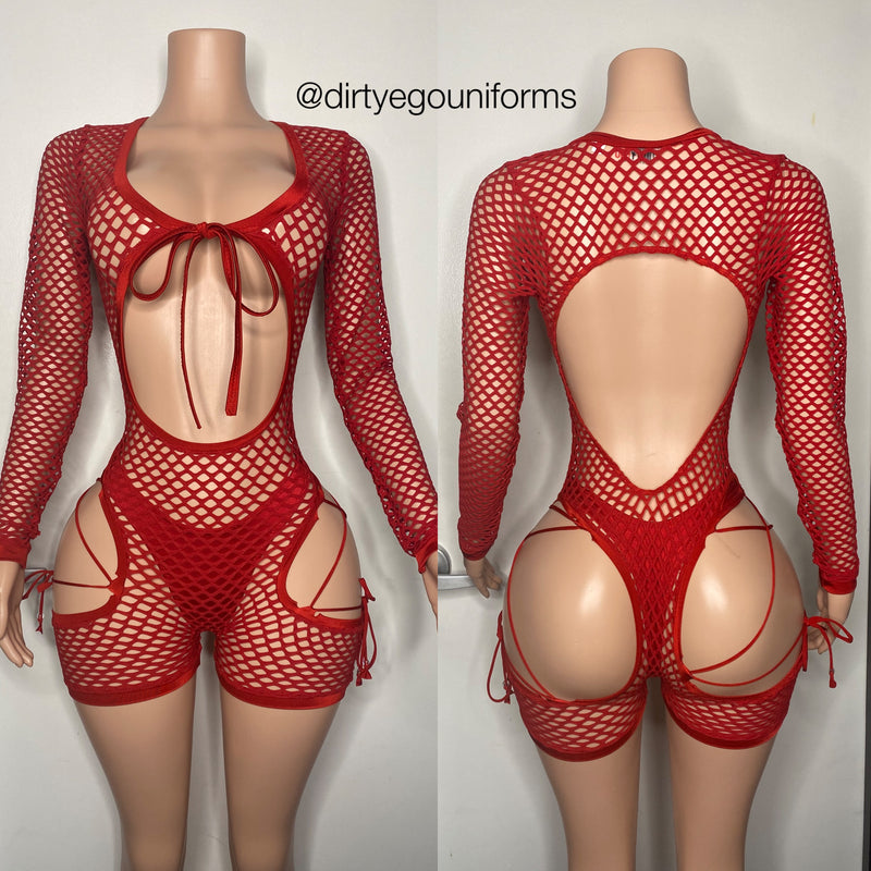 Full net tie front romper w/bikini bottoms