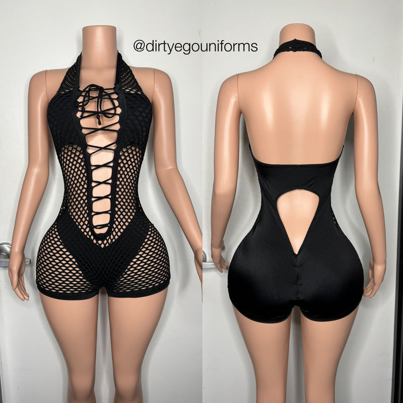 Net front lace up romper with built in bikini