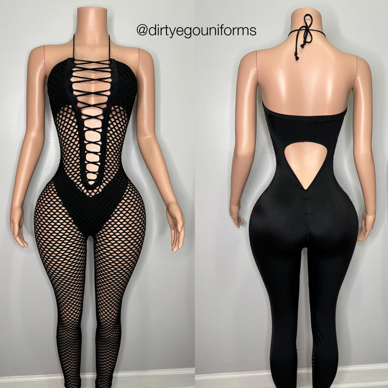 Net front bandeau jumpsuit w/ built in panty and covered boobs