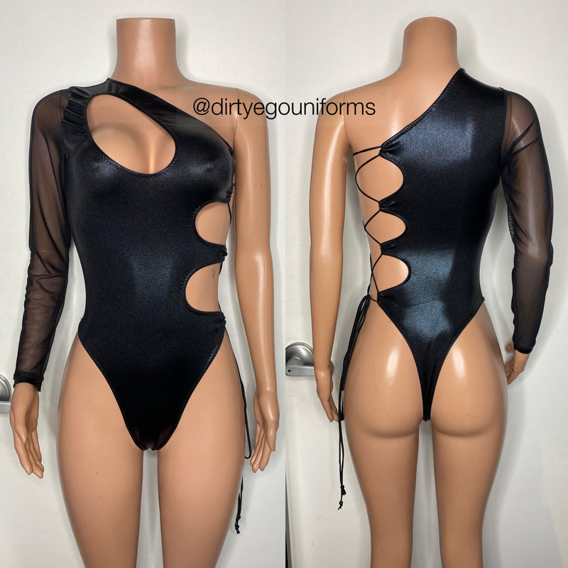 Metallic one sleeve side lace up bodysuit