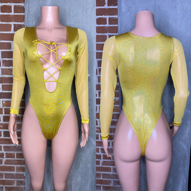 Lace up bodysuit with mesh sleeves