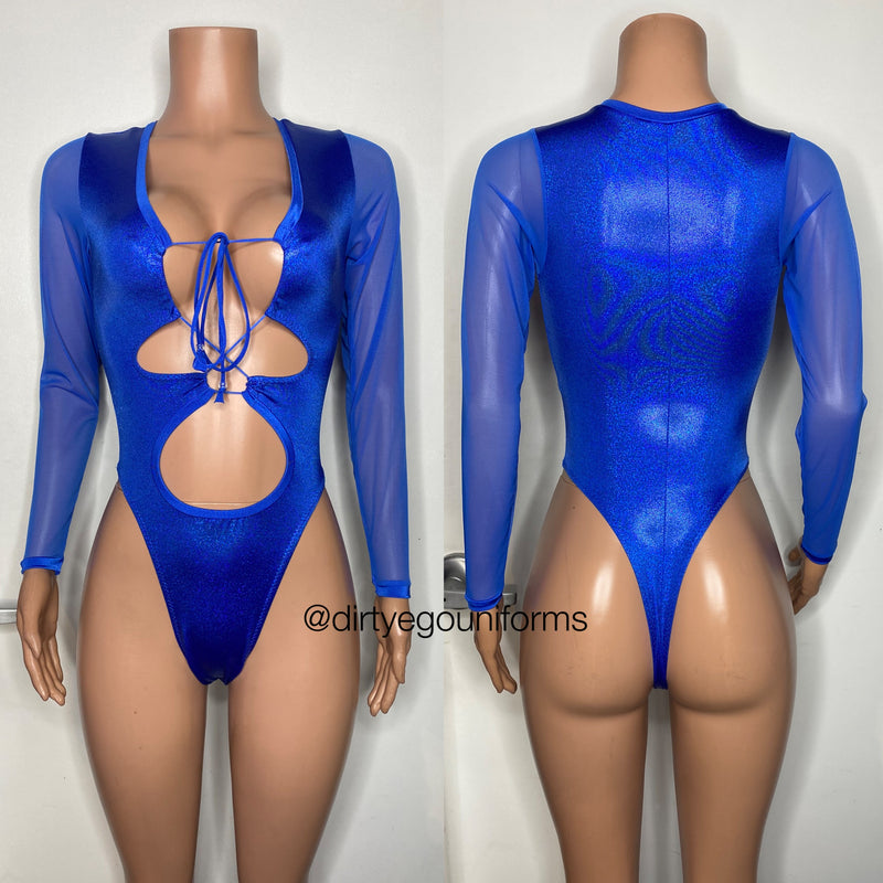 Hologram lace up bodysuit with mesh arms
