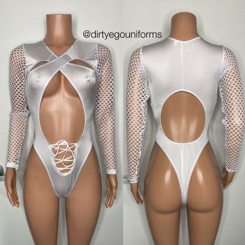 Cross chest and stomach tie with net sleeve bodysuit