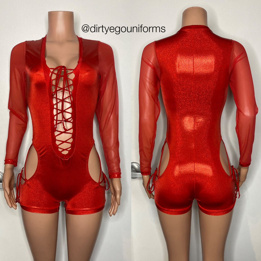 Mesh sleeve metallic lace up romper with open hips