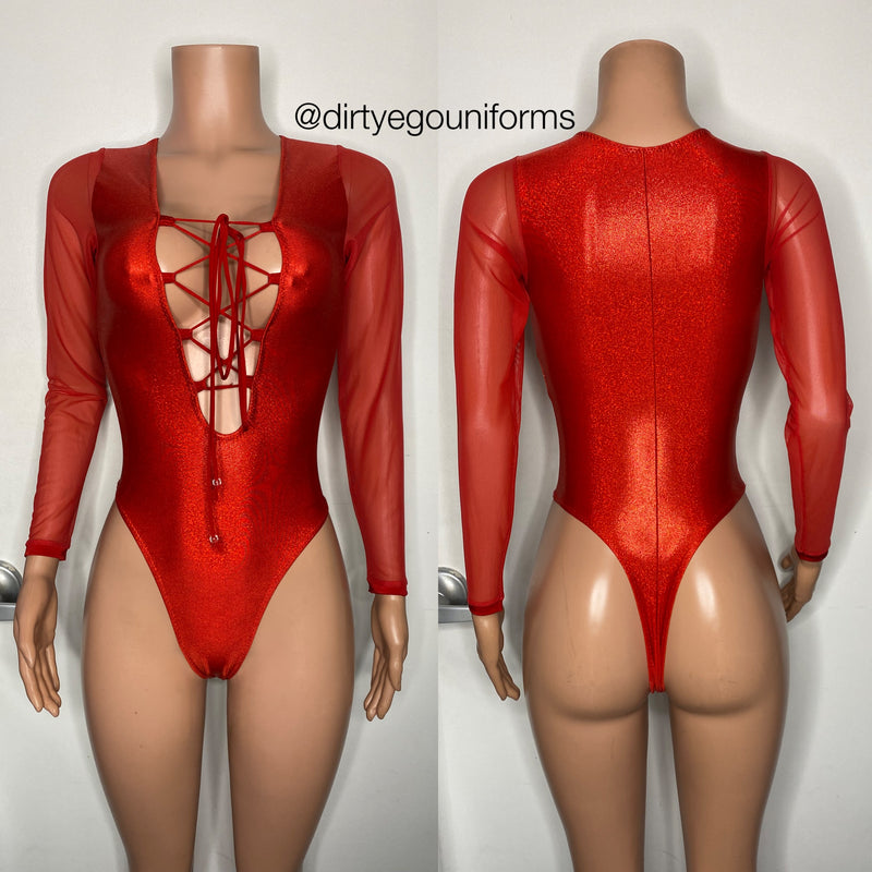 Lace up bodysuit with mesh sleeves
