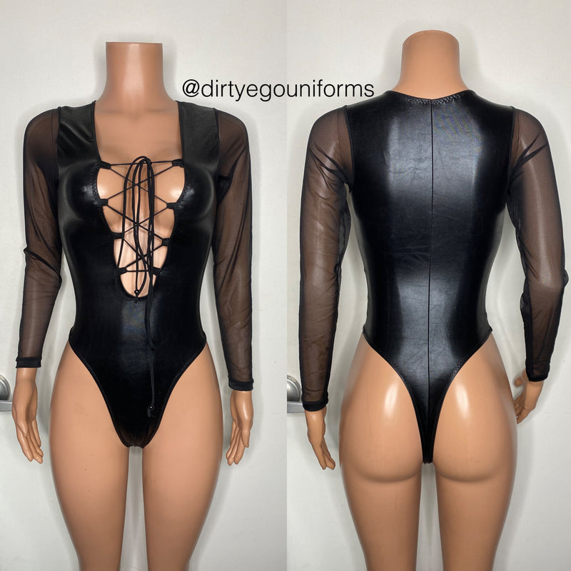 Lace up bodysuit with mesh sleeves