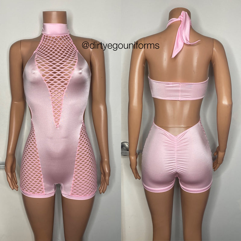 Net chest and thigh halter style romper