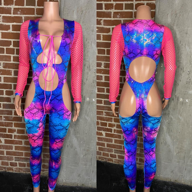 Tie dye lace front jumpsuit with open back and hips