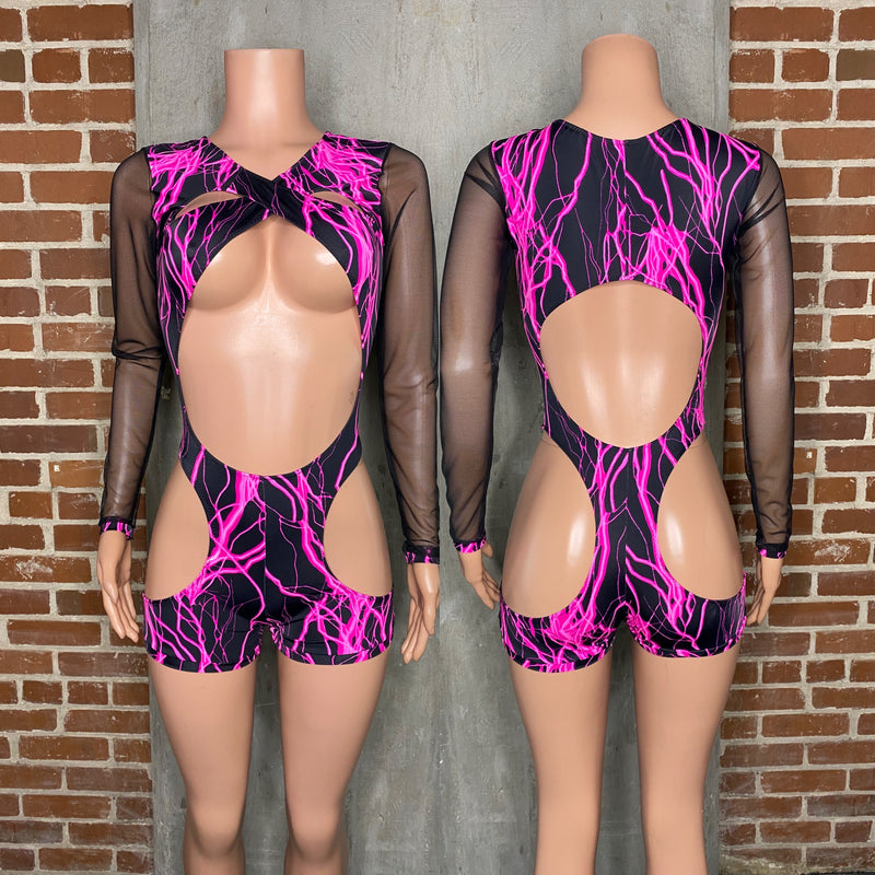 Open stomach  and hip thunder print romper/bartender uniforms/waitress uniforms