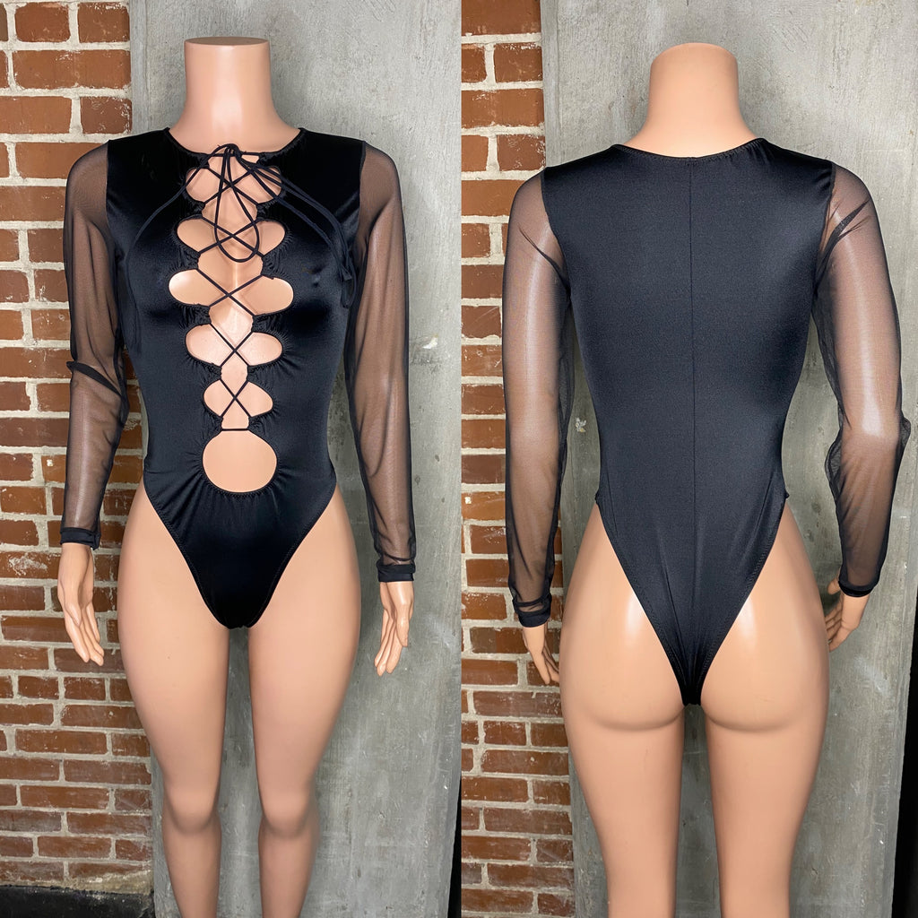 Sexy lace up mesh sleeve bodysuit. Bartender/waitress/bottle girl uniforms