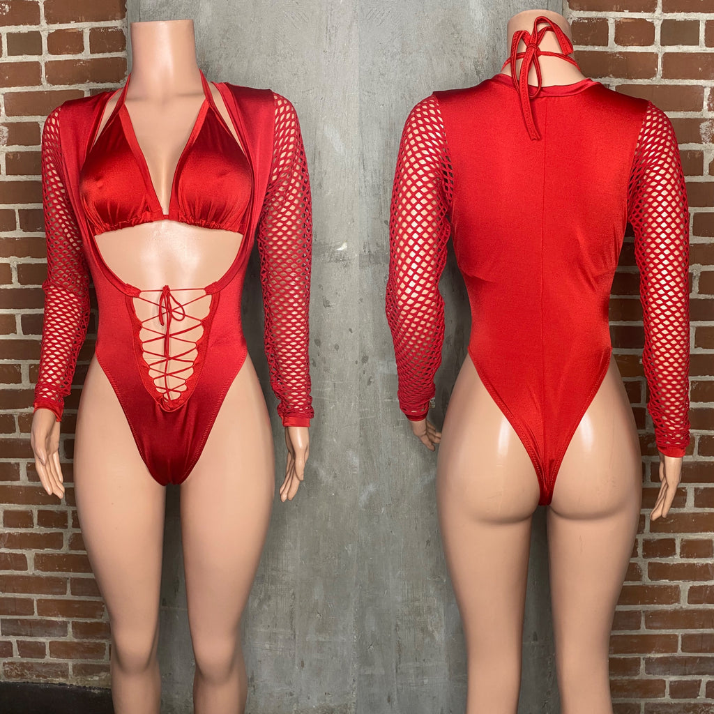 Net sleeve front lace up bodysuit with matching bikini top