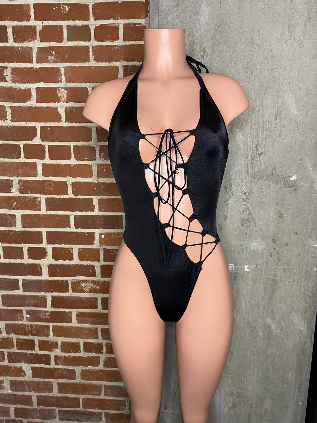 Asymmetrical lace up halter bodysuit