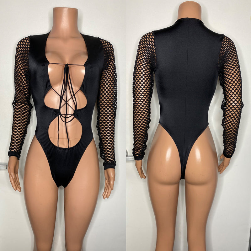 Solid color net sleeve bodysuit with lace up front and thong back