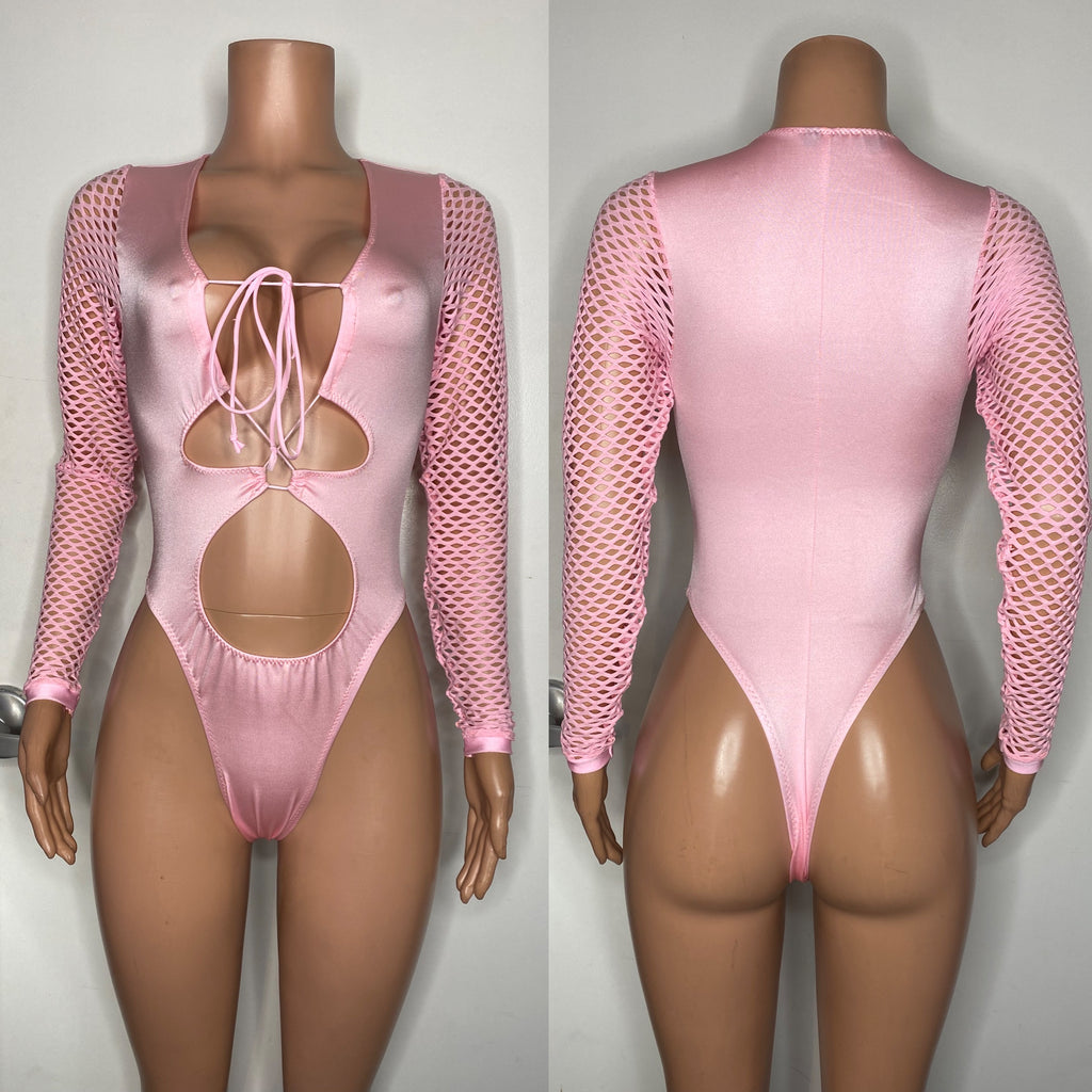 Solid color net sleeve bodysuit with lace up front and thong back