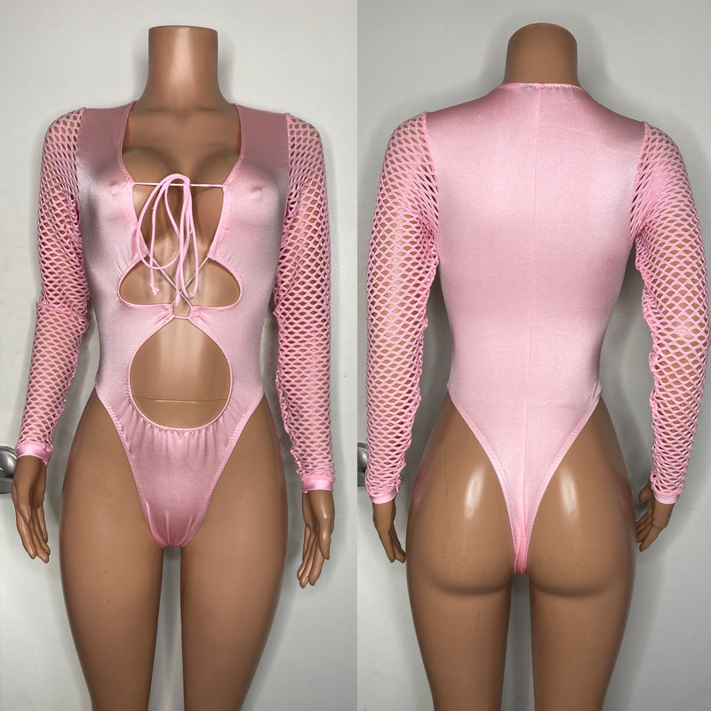 Solid color net sleeve bodysuit with lace up front and thong back