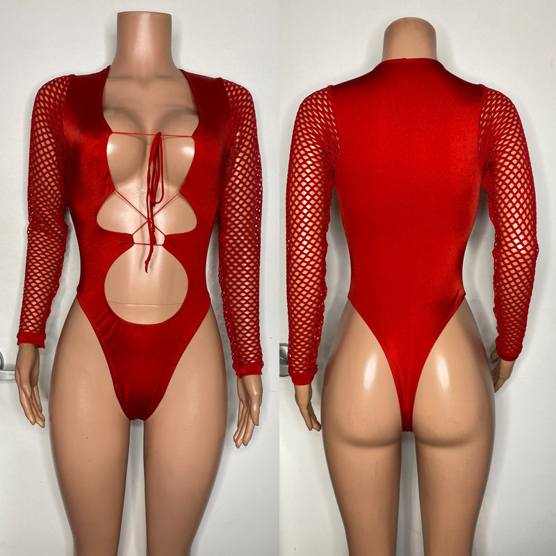 Solid color net sleeve bodysuit with lace up front and thong back