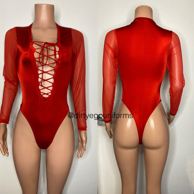 Plunge lace up bodysuit with thong back and mesh arms