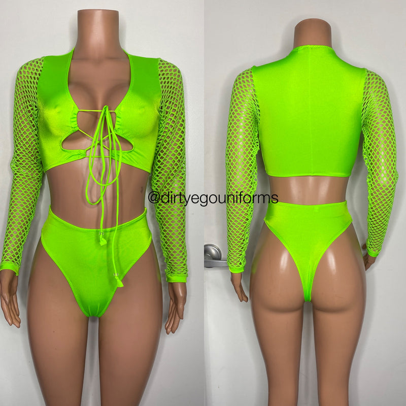 Net sleeve 2 pc with lace up top and high waist thong bottoms