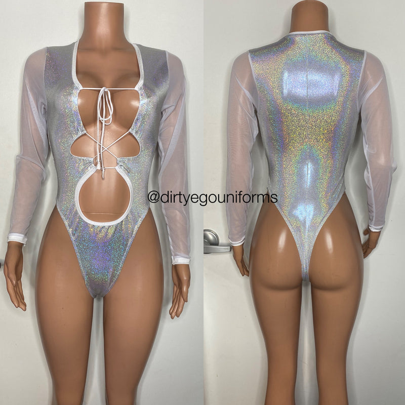 Hologram lace up bodysuit with mesh arms