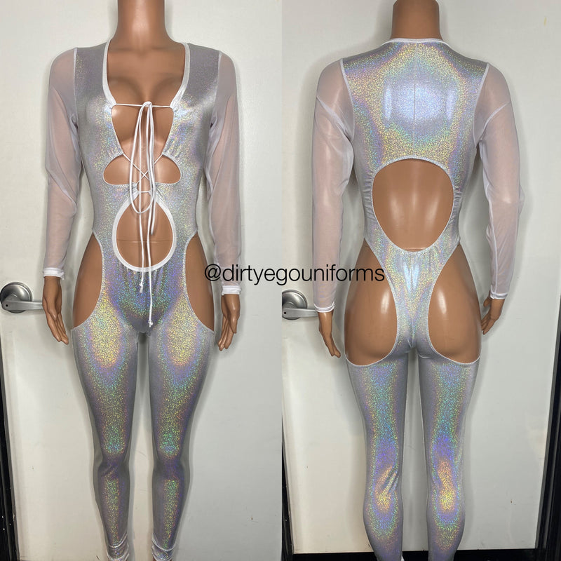 Iridescent hologram jumpsuit with mesh arms