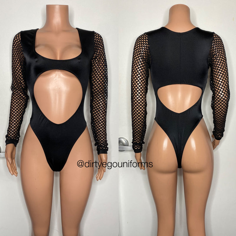 Net sleeve open stomach/back bodysuit