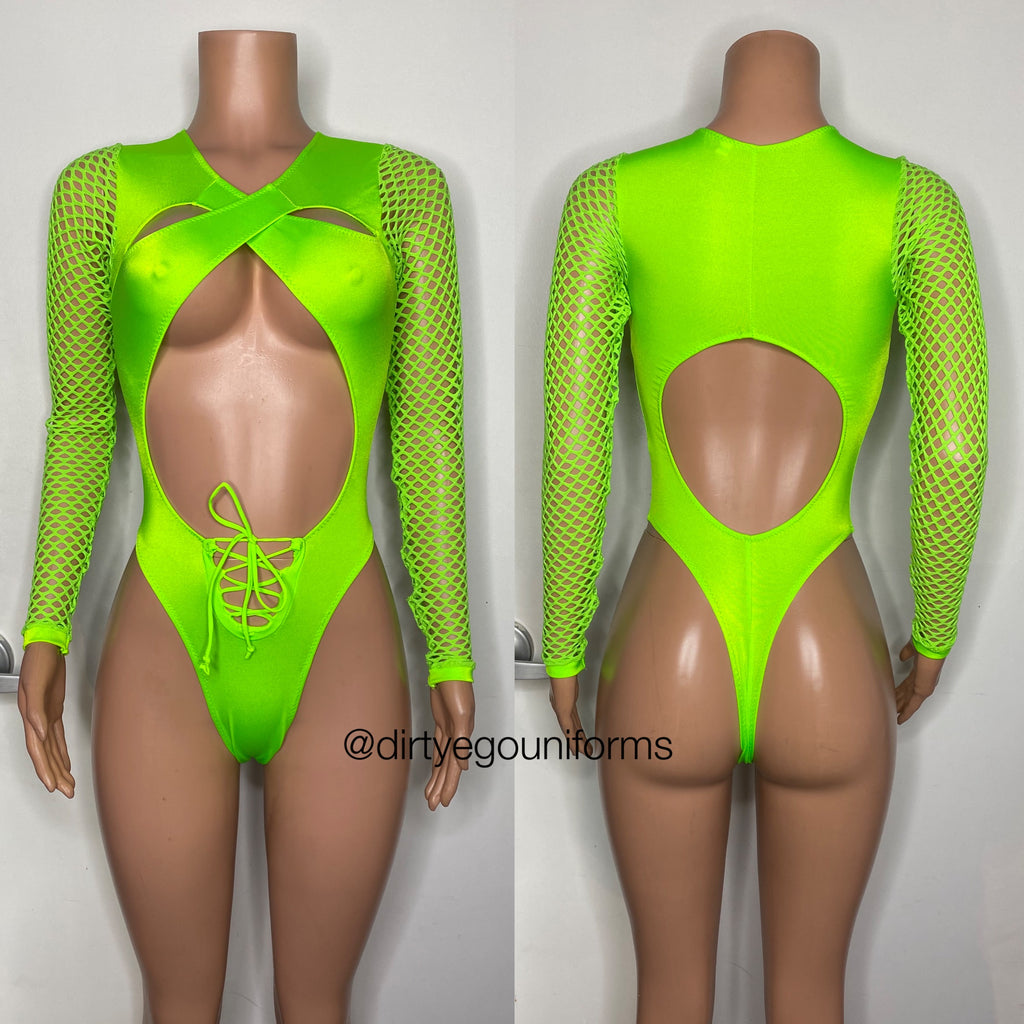 Cross chest and stomach tie with net sleeve bodysuit