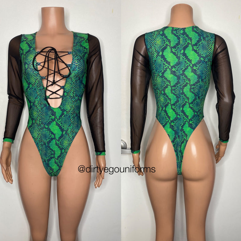 Snakeskin Lace up bodysuit with mesh sleeves