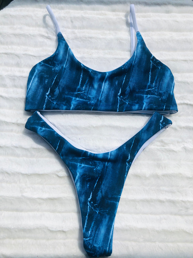 Ripped denim reversible bikini
