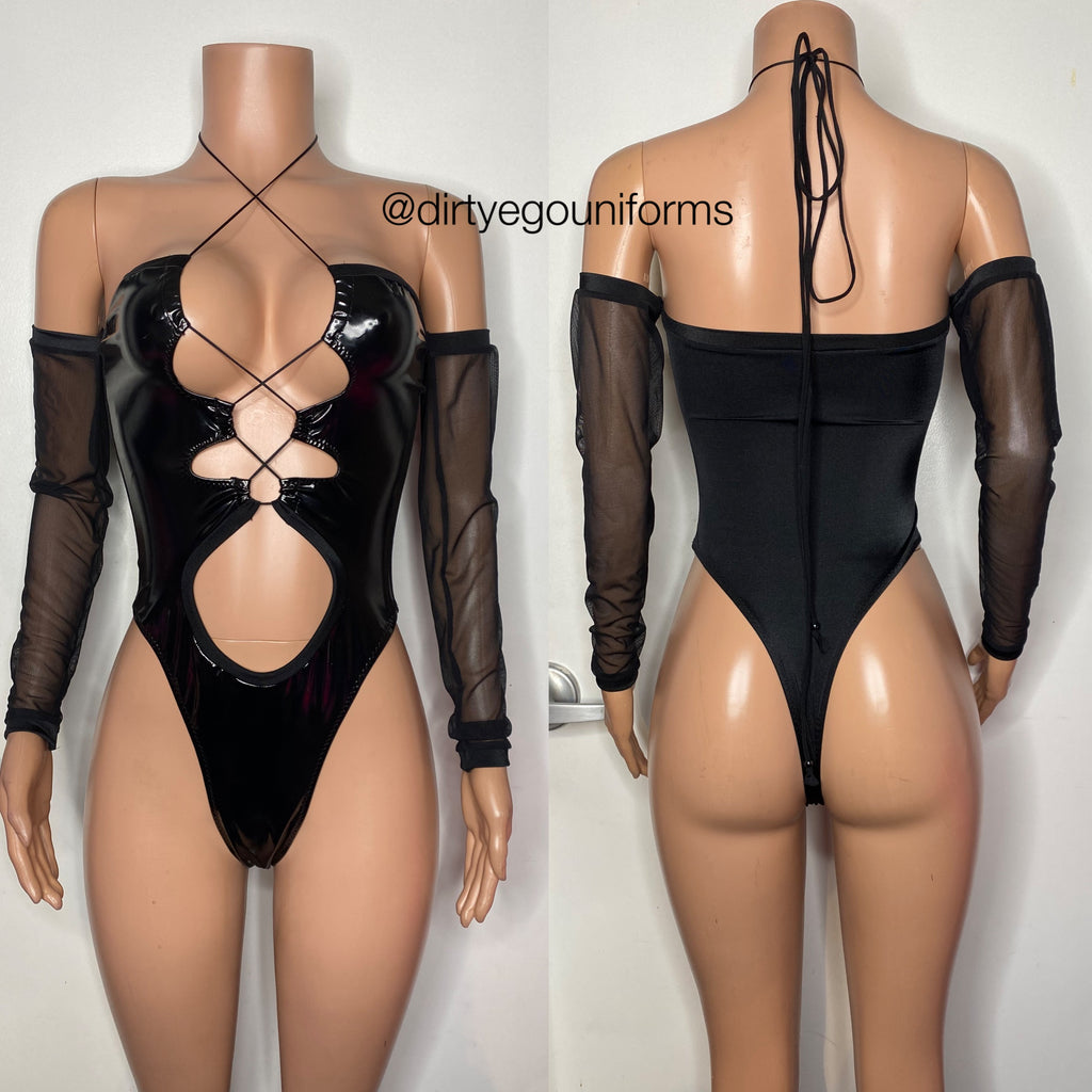 Latex bandeau bodysuit with sleeves