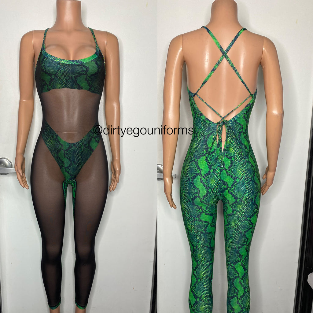 Mesh front jumpsuit with built in bra and panty