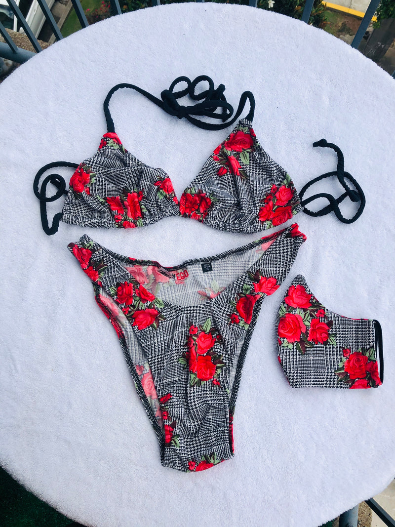 Floral houndstooth print bikini with matching mask   S