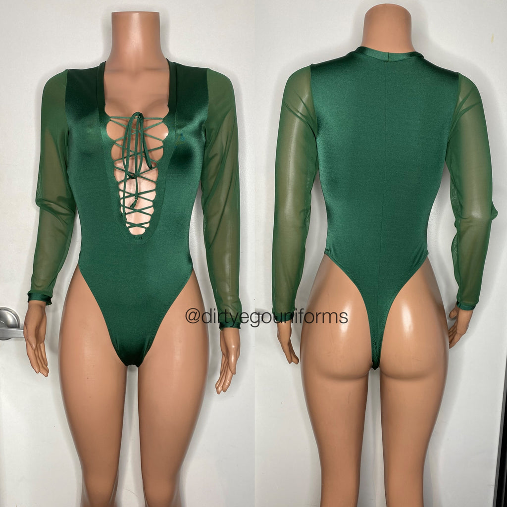 Plunge lace up bodysuit with thong back and mesh arms