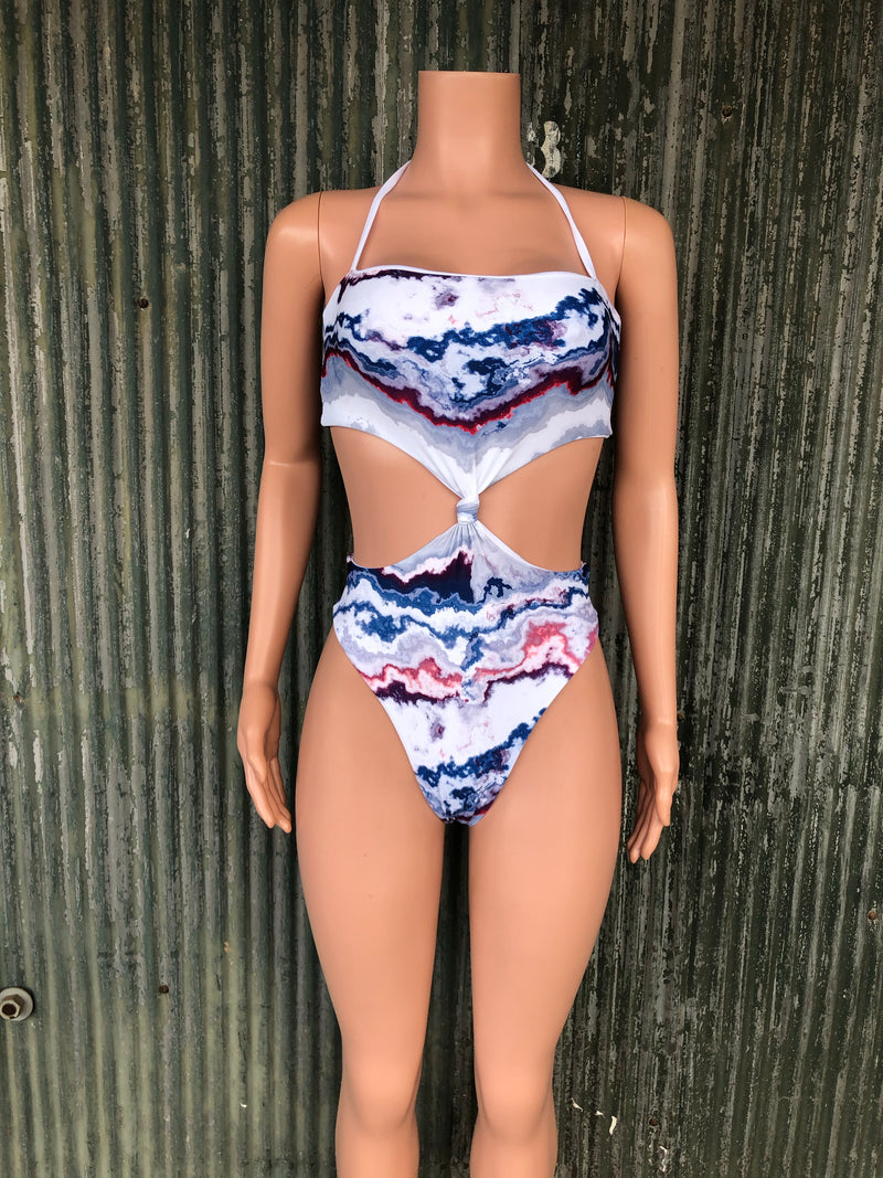 Marble print reversible monokini