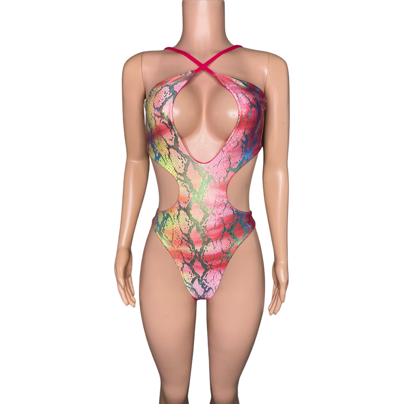 Iridescent snakeskin print ombré reversible monokini