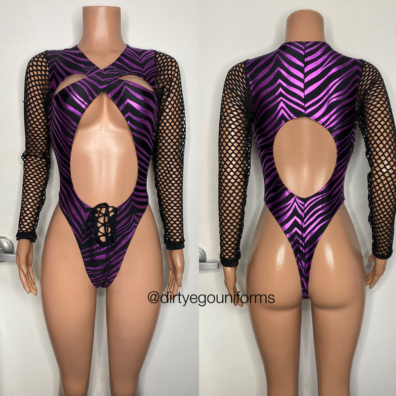 Zebra/Tiger cross front bodysuit with tie stomach