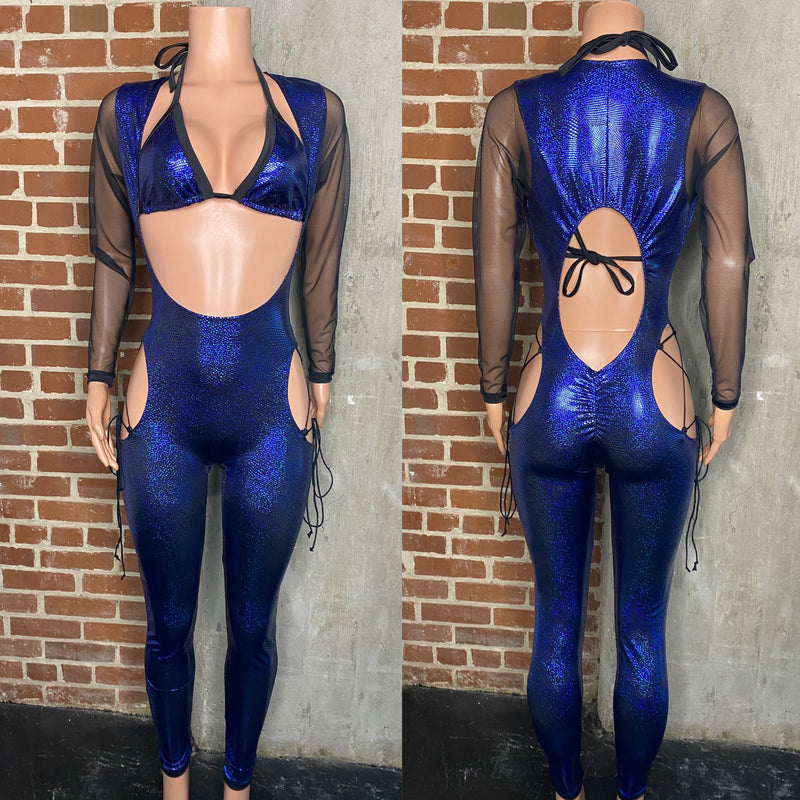 Beach ball printed hologram jumpsuit with matching bikini top