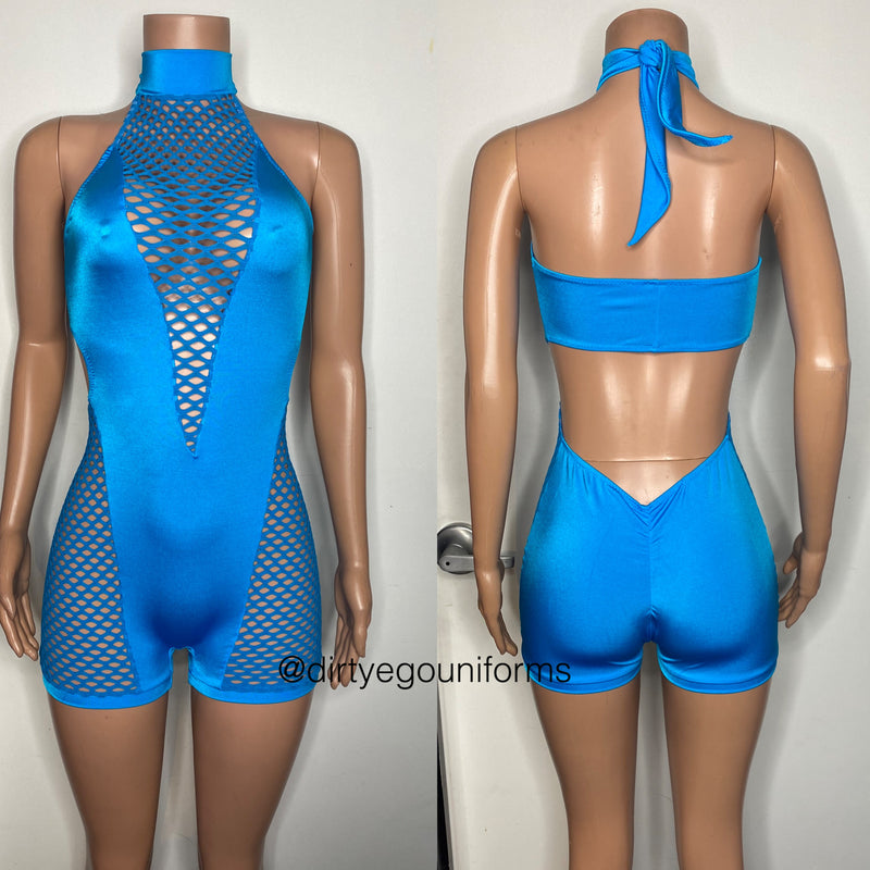 Net chest and thigh halter style romper