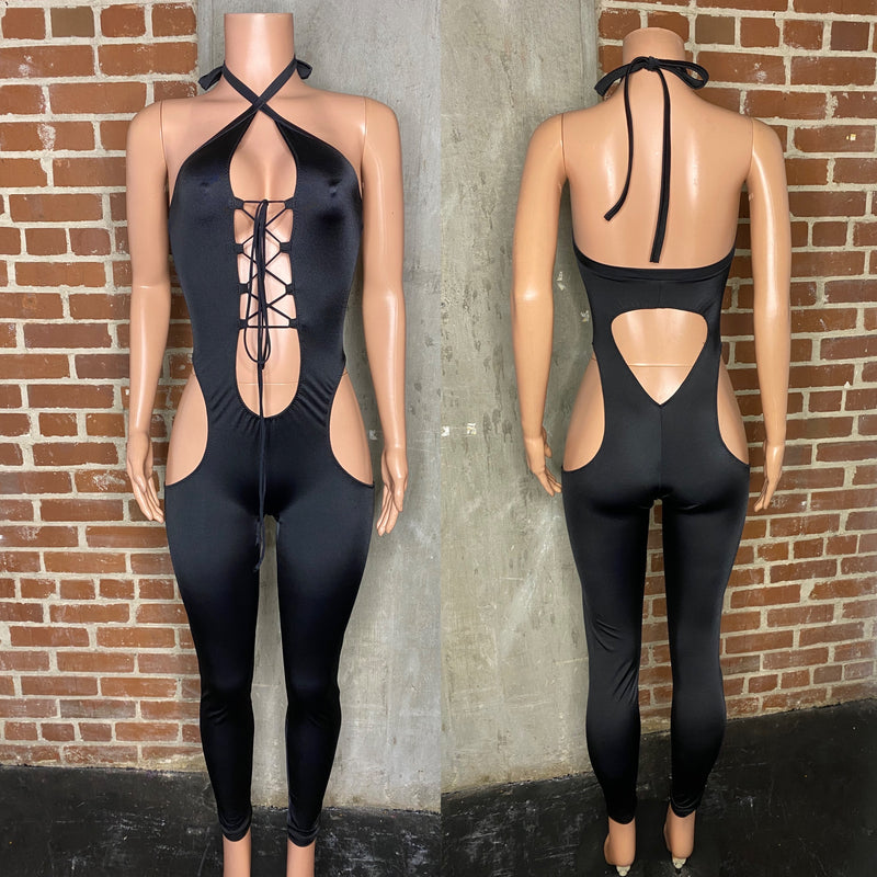 Halter open hip jumpsuit with plunge front and open back. Bartender uniform/waitress uniform/ bottle girl uniform.