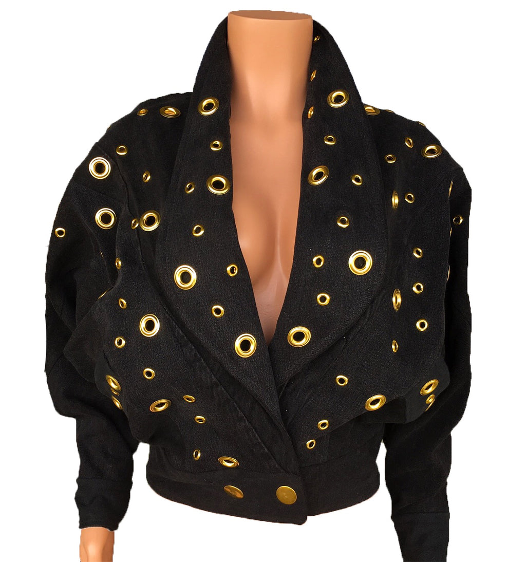 black denim batwing jacket with grommets